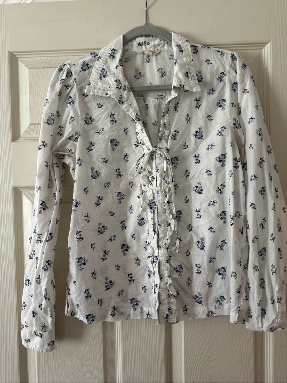 Lucky Brand White Button-Down Blouse with Navy Floral Print